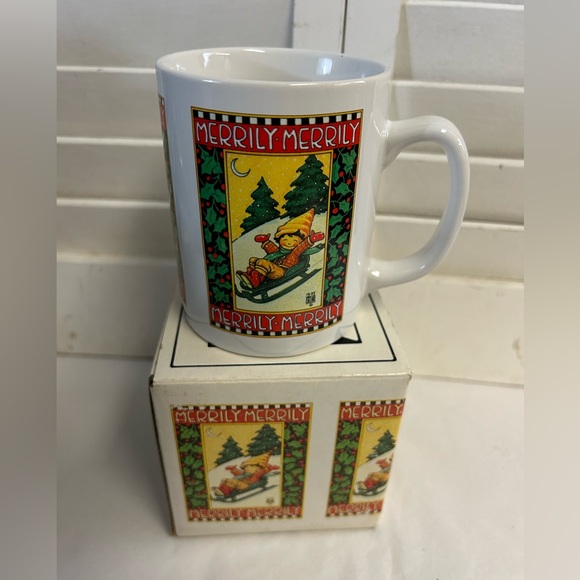 Vintage 1990's MARY ENGELBREIT unused Christmas mug in original box Merrily Sled - Picture 2 of 12